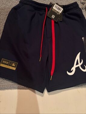 NWT Baseballism Men's Navy Sweat Shorts with Red Drawstring Atlanta Braves